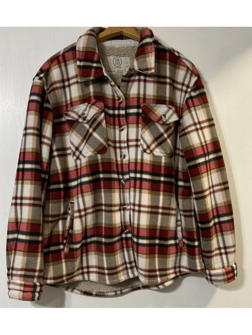 SAGE Collective Women's Plaid Lined Button Front Shacket w/ Pockets Size Large